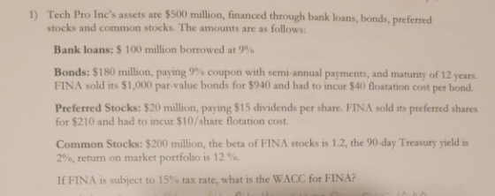 1) Tech Pro Incs assets are $500 million, financed through bank loans, bonds, preferred stocks and common stocks. The amount
