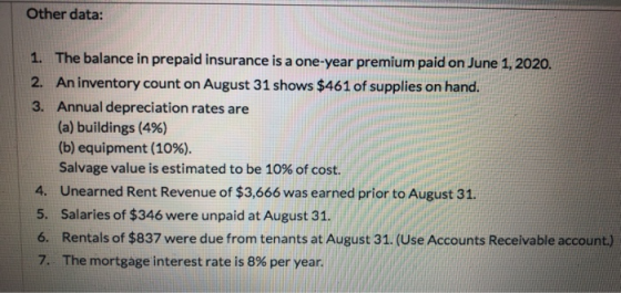 Other data: 1. The balance in prepaid insurance is a one-year premium paid on June 1, 2020. 2. An inventory count on August 3