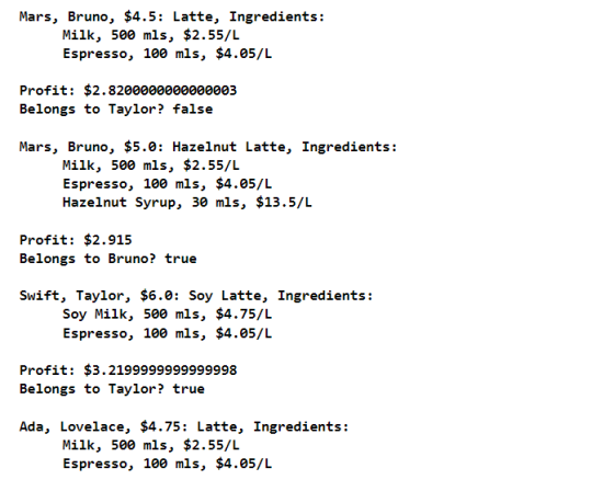 Mars, Bruno, $4.5: Latte, Ingredients: Milk, 500 mls, $2.55/L Espresso, 100 mls, $4.05/L Profit: $2.8200000000000003 Belongs