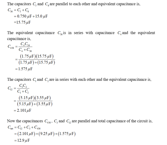 The capacitors C, and C, are parallel to each other and equivalent capacitance is, -0.750 μF+1 5.0μF The equivalent capacitan