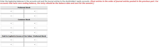 Enter the beginning balances in the accounts and post the journal entries to the stockholders equity accounts. (Post entries