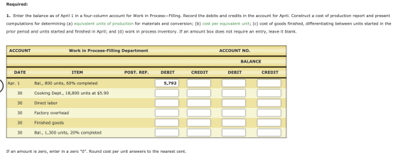 Required: 1. Enter the balance as of April 1 in a four-column account for Work in Process-Filling. Record the debits and cred