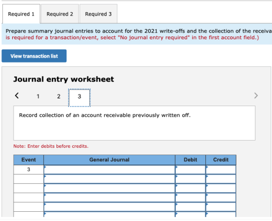 Required 1 Required 3 Required 2 Prepare summary journal entries to account for the 2021 write-offs and the collection of the