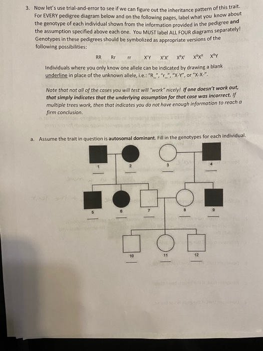 3. Now lets use trial-and-error to see if we can figure out the inheritance pattern of this trait. For EVERY pedigree diagra