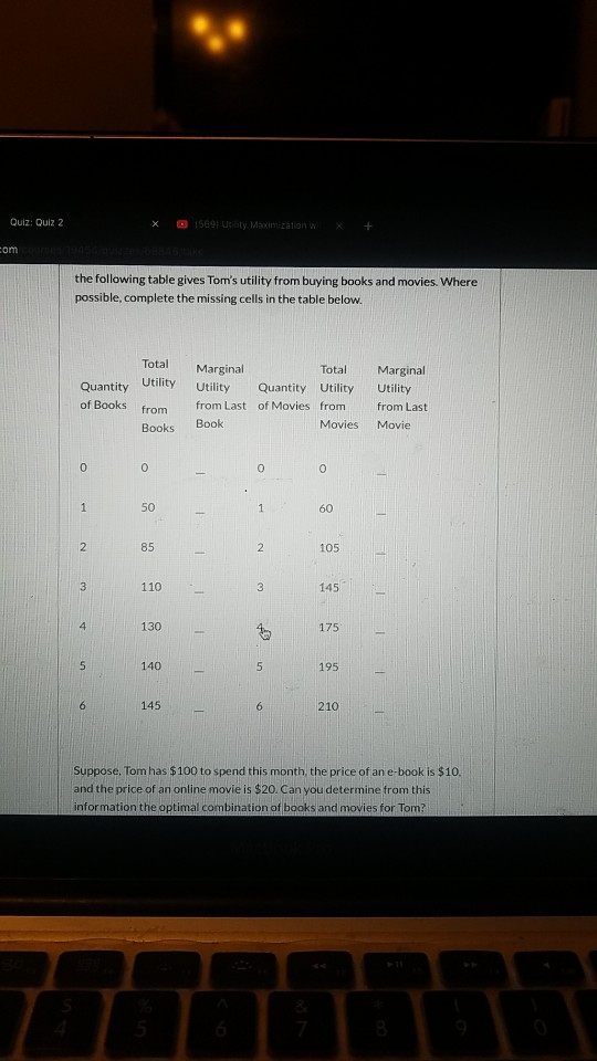 Quiz: Quiz 2 X 15691 U ty Maximization + the following table gives Toms utility from buying books and movies. Where possible