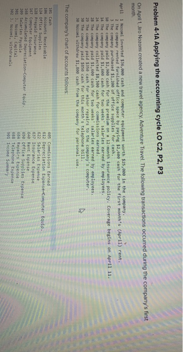 Problem 4-1A Applying the accounting cycle LO C2, P2, P3 On April 1, Jiro Nozomi created a new travel agency, Adventure Trave