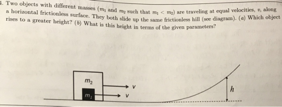 1. Two objects with different masses (m and my such that mi< m2) are a horizontal frictionless surface. They both slide up th