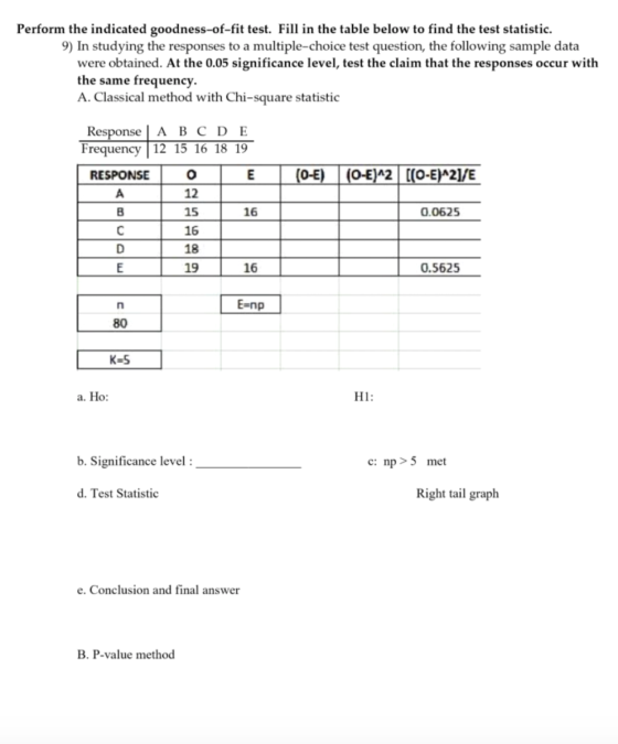 Perform the indicated goodness-of-fit test. Fill in the table below to find the test statistic. 9) In studying the responses
