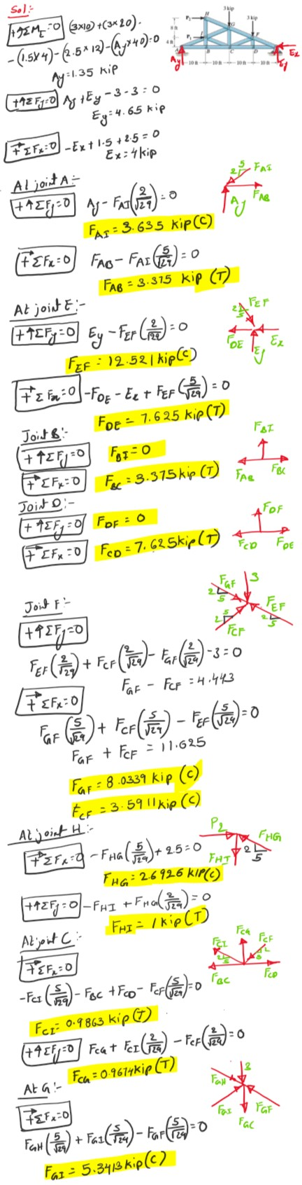 Solid JAJEM | 3x10) +(3^20). In - (1.5X4)- (2.5*13)-@yx40):07 ny:1.35 kip ayt.. (+4E FJ: 0 A +Ey-3-3=0 Ey=4.65 kip FIF2:0) -E