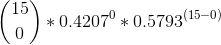 \binom{15}{0}*0.4207^{0}*0.5793^{(15-0)}