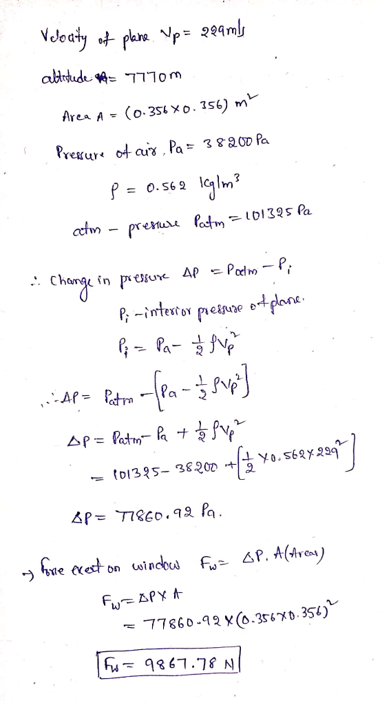 Vloaty of plane. Up = 299mls attitude = 7770m Area A = (0.356X0.356) m? Pressure of cix, Pa = 38200 Pa - p = 0.562 Iglm² atm