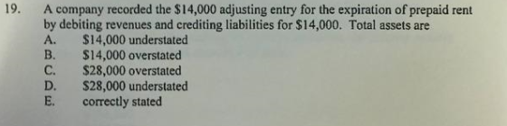 19. A company recorded the $14,000 adjusting entry for the expiration of prepaid rent by debiting revenues and crediting liab