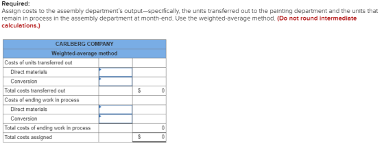 Required: Assign costs to the assembly departments output-specifically, the units transferred out to the painting department