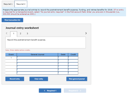Required 1 Required 2 Prepare the appropriate journal entries to record the postretirement benefit expense, funding, and reti