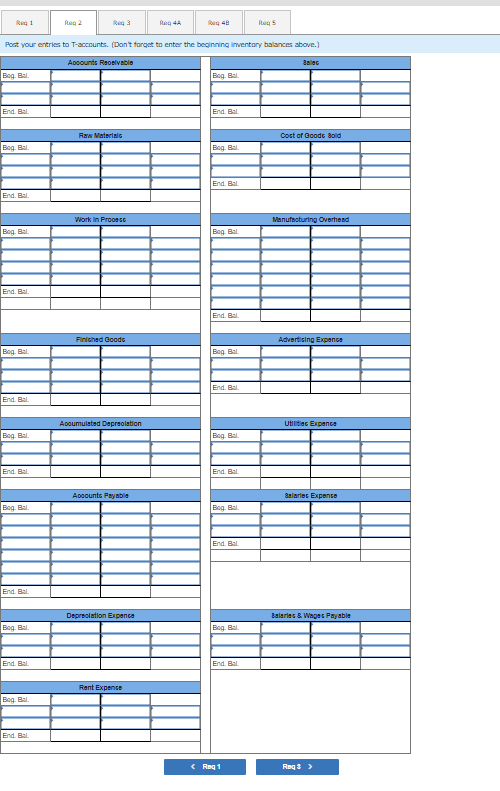 R4A R5 Post your entries to T-accounts. (Dont forget to enter the beginning inventory balances above.) Accounts Receivable B