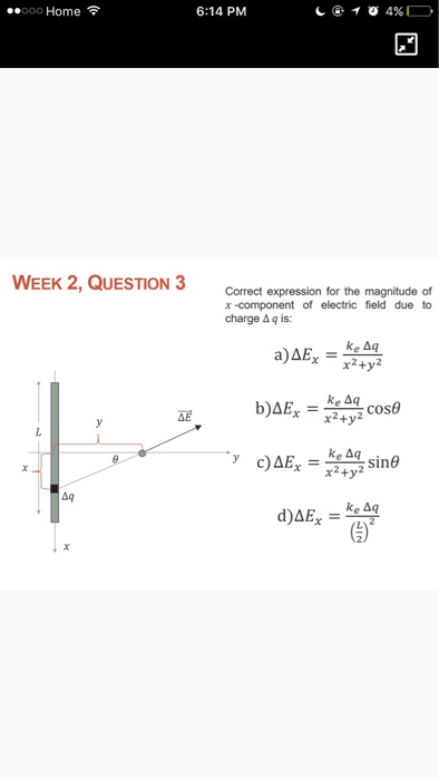 oo Home 6:14 PM WEEK 2, QUESTION 3 Correct expression for the magnitude of x -component of electric field due to charge Δ q is: