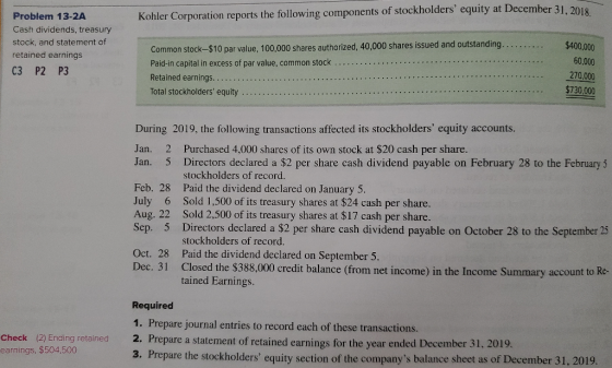 Kohler Corporation reports the following components of stockholders equity at December 31, 2018 Problem 13-2A Cash dividends