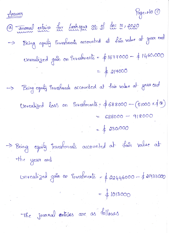 Answer Page No ① @ Howrmal entries are you love someone out of dec 1, 2020 > Being equily investments accounted at falen valu