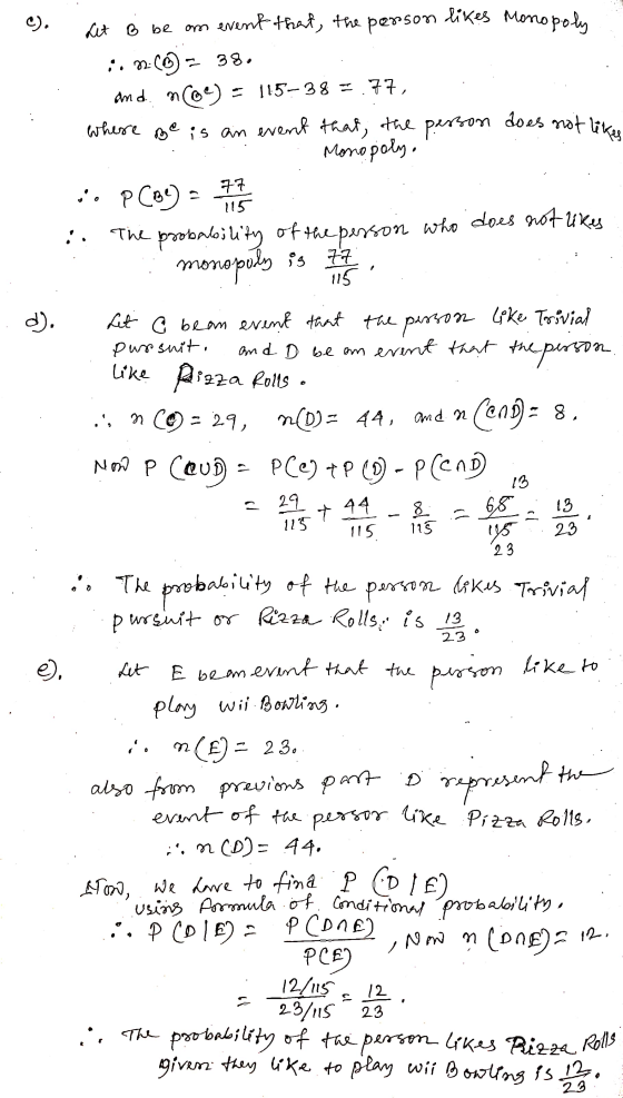 - C. Let B be an event that, the person likes Monopoly :. 9) = 38. and nee) = 115-38 = 77, . where Be is an event that, the p
