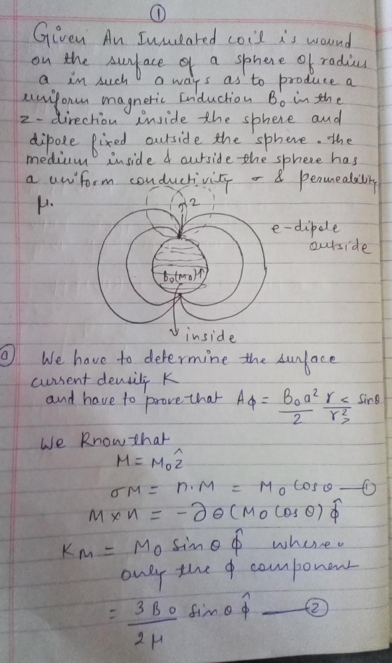 Given An Insulated coil is wound on the surface of a sphere of rodius a in such a ways as to produce a uniforem magnetic Indu