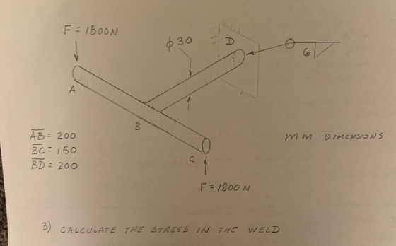 F=1800N mm DIMENSIONS AB= 200 BC= 150 BD = 200 F = 1800N 3) CALCULATE THE STRESS IN THE WELD