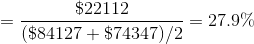 =\frac{\$22112 }{(\$84127+\$74347)/2}=27.9\%