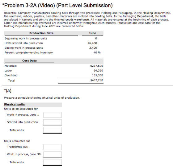 *Problem 3-2A (Video) (Part Level Submission) Rosenthal Company manufactures bowling balls through two processes: Molding and