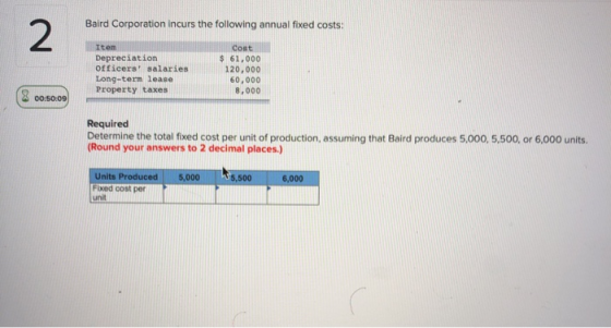 Baird Corporation incurs the following annual fixed costs: 2 Item Cost $61,000 120,000 Depreciation Officers salaries Long-t