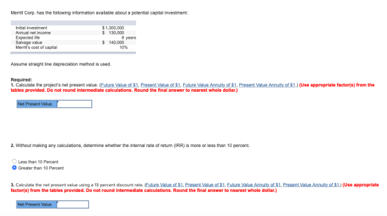 Merrill Corp. has the following information available about a potential capital investment: Initial investment Annual net inc