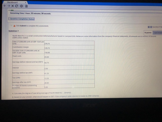 Blackboard <=XC Remaining Time: 1 hour, 32 minutes, 26 seconds. Question Completion Status Click Submit to complete this asse
