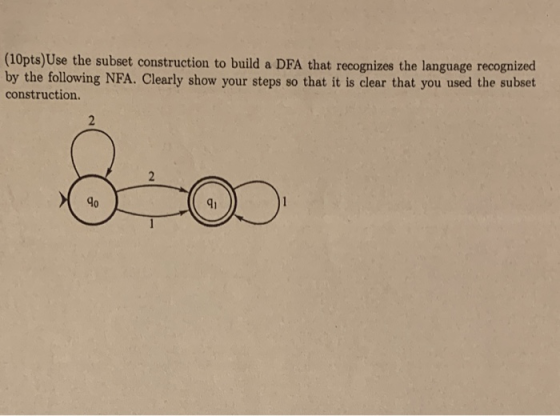(10pts)Use the subset construction to build a DFA that recognizes the language recognized by the following NFA. Clearly show