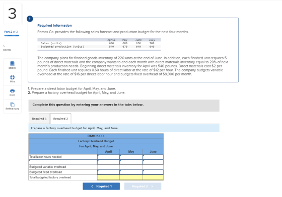 Required information Ramos Co. provides the following sales forecast and production budget for the next four months. Part 2 o