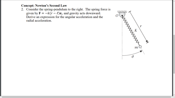 Concept: Newtons Second Law 2. Consider the spring-pendulum to the right. The spring force is, given by F--k(r- )e, and grav