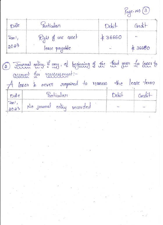 Page No ③ Date Particular I Gredit Debit $36660 Jan, Right of use asset 2023 lease payable $36660 @ Jowinal entry, if any, a