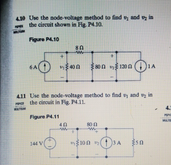 410 Use the node-voltage method to find vy and v2 in the circuit shown in Fig. P4.10. PSPICE MILISIM Figure P4.10 80 E600 120