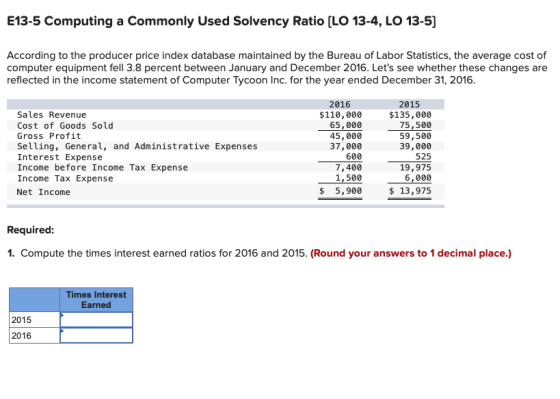 E13-5 Computing a Commonly Used Solvency Ratio (LO 13-4, LO 13-5] According to the producer price index database maintained b