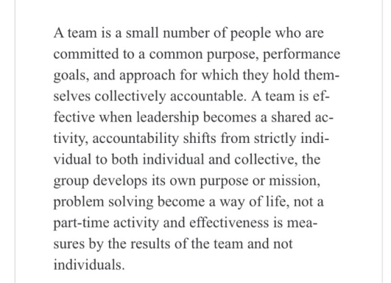 A team is a small number of people who are committed to a common purpose, performance goals, and approach for which they hold