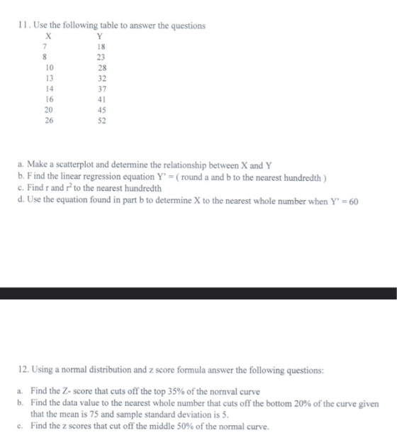 11. Use the following table to answer the questions X Y 7 18 8 23 10 28 13 32 37 16 41 20 45 52 14 26 a. Make a scatterplot a