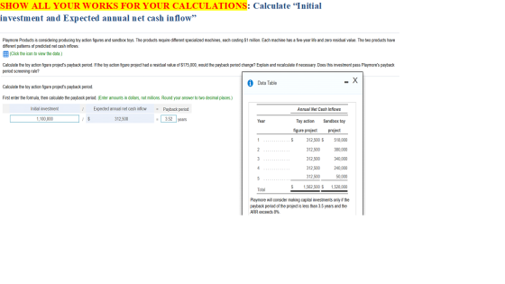 SHOW ALL YOUR WORKS FOR YOUR CALCULATIONS: Calculate Initial investment and Expected annual net cash inflow Playmore Produc