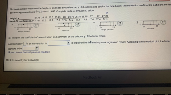 Suppose a doctor measures the height, x, and head circumference, y, of 8 children and obtains the data below. The correlation