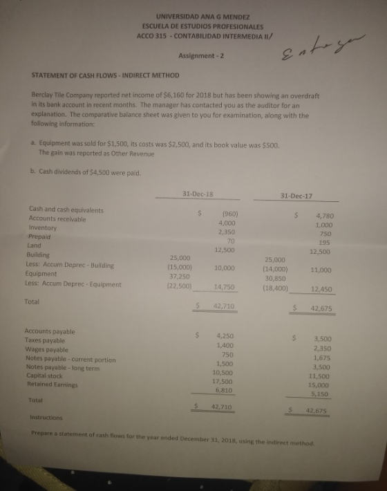 UNIVERSIDAD ANAG MENDEZ ESCUELA DE ESTUDIOS PROFESIONALES ACCO 315 - CONTABILIDAD INTERMEDIA II/ Assignment - 2 STATEMENT OF