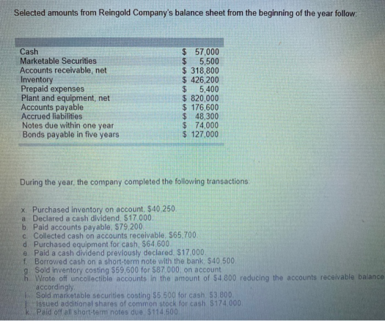 Selected amounts from Reingold Companys balance sheet from the beginning of the year follow: Cash Marketable Securities Acco