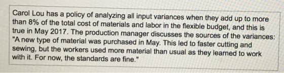 Carol Lou has a policy of analyzing all input variances when they add up to more than 8% of the total cost of materials and l