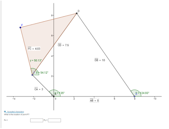 CD 7.5 FC 4.83 Y=50.13 DB 10 ōF 54.12. CA-3 -135 8-124.93 - 10 AB 8 What is tha locstion of point F