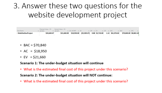 3. Answer these two questions for the website development project Planned Value P Eamed Value EV Task Name AC (ACWP)SV BAC VA