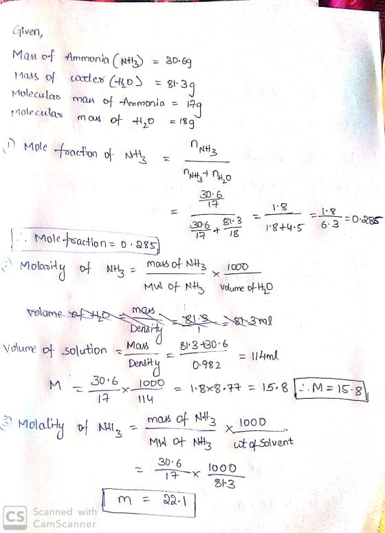 WWW Given, Mass of Ammonia ( Nttz) = 30.69 mass of water (to) = 81.39 Molecular maus Of Ammonia = 179 molecular mous of +20 =