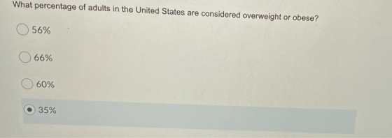What percentage of adults in the United States are considered overweight or obese? 56% 66% 60% O 35%