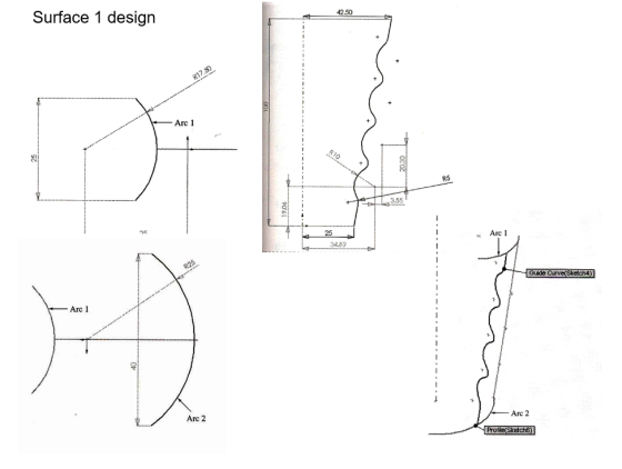 42.50 Surface 1 design Arc 1 R5 3.55 25 Arc I 34.83 Guide Curve(Sketch4 Arc 1 Arc 2 Arc 2