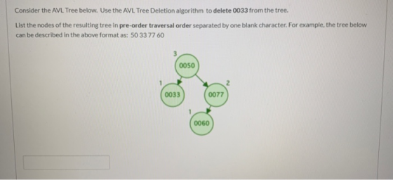Consider the AVL Tree below. Use the AVL Tree Deletion algorithm to delete 0033 from the tree. List the nodes of the resultin