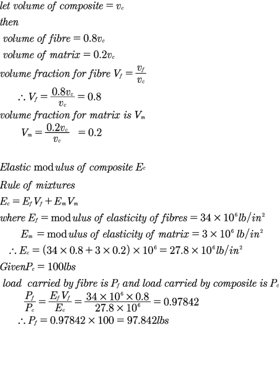 let volume of composite - Vc then volume of fibre = 0.82- volume of matrix-0.2vc volume fraction for fibre V, 0.8u - 0.8 0 vo